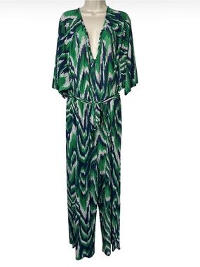 Mlle Gabrielle Green and Navy Printed Wide-Leg Jumpsuit